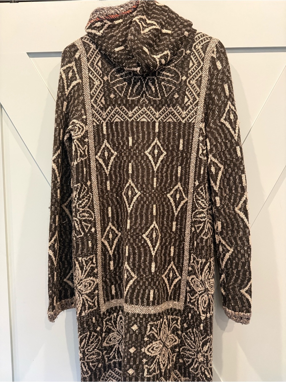 Free People Hooded Jacquard Long Cardigan Coatigan - Brown & Cream - Picture 10 of 10